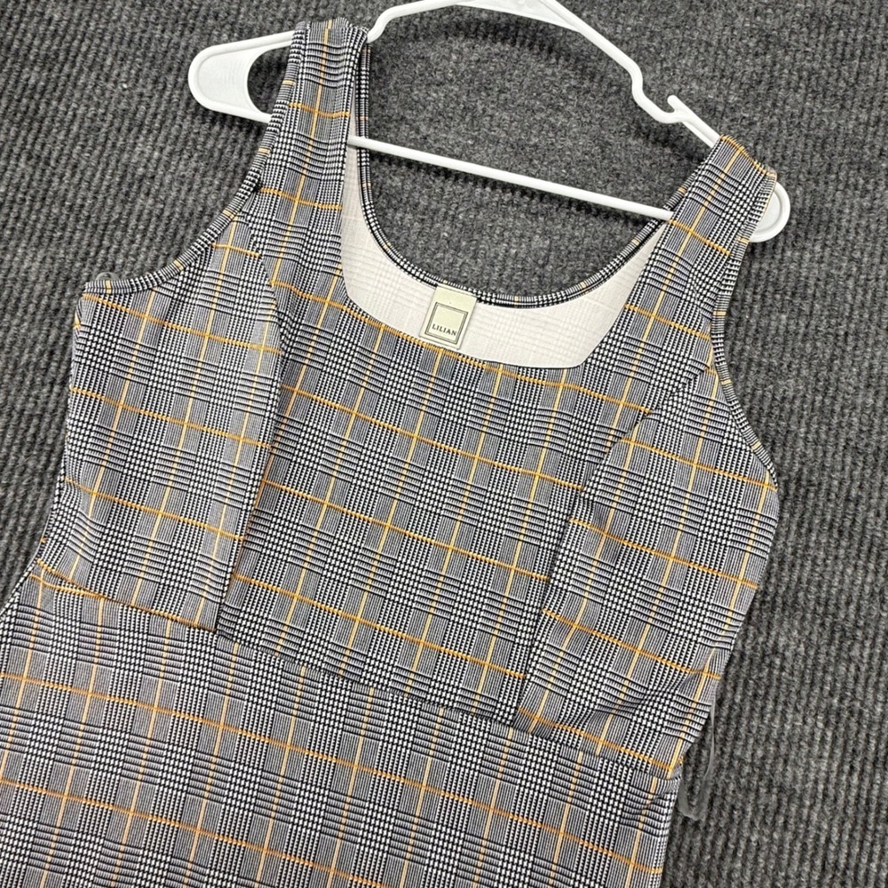 Vintage Lilian Plaid Dress Womens 2X Black White Yellow Excellent Slit Bodycon